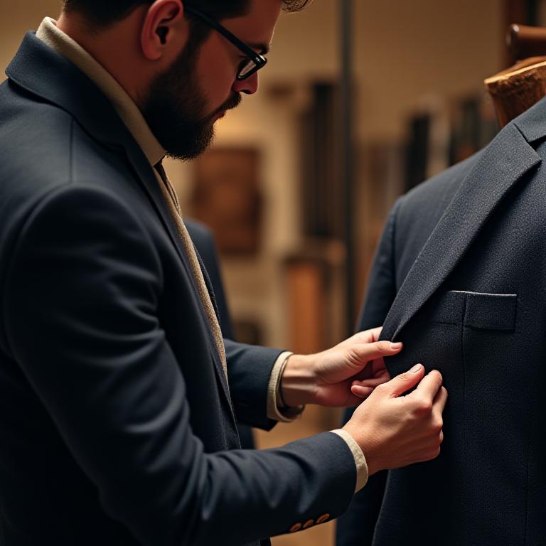 Master tailor adjusting lapel on a bespoke suit jacket